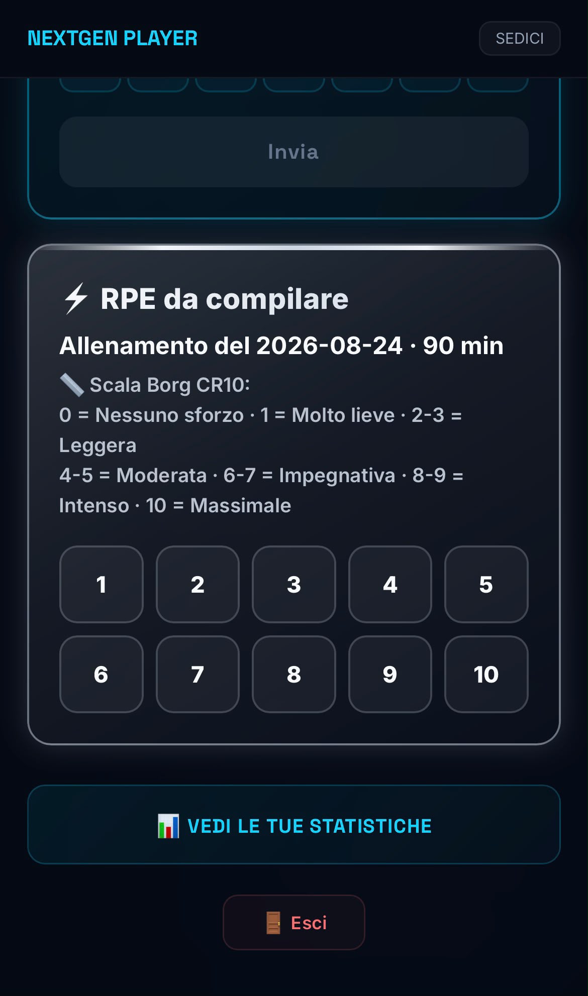 RPE and wellness check on WebApp Player